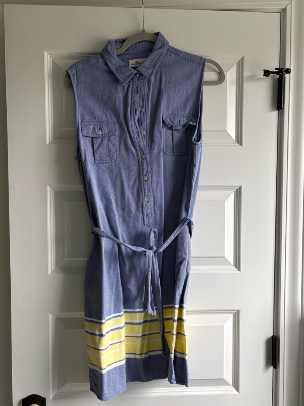 Vineyard Vines Sleeveless Shirt Dress in Periwinkle with Yellow Stripes